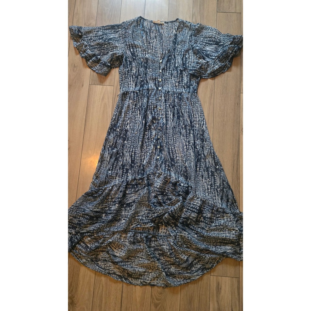Lovestitch Blue White Abstract Print High-Low Maxi Dress Flutter Sleeve Medium
